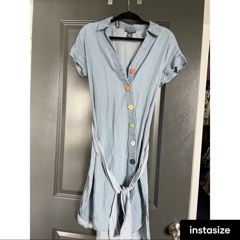 Denim dress with rainbow buttons